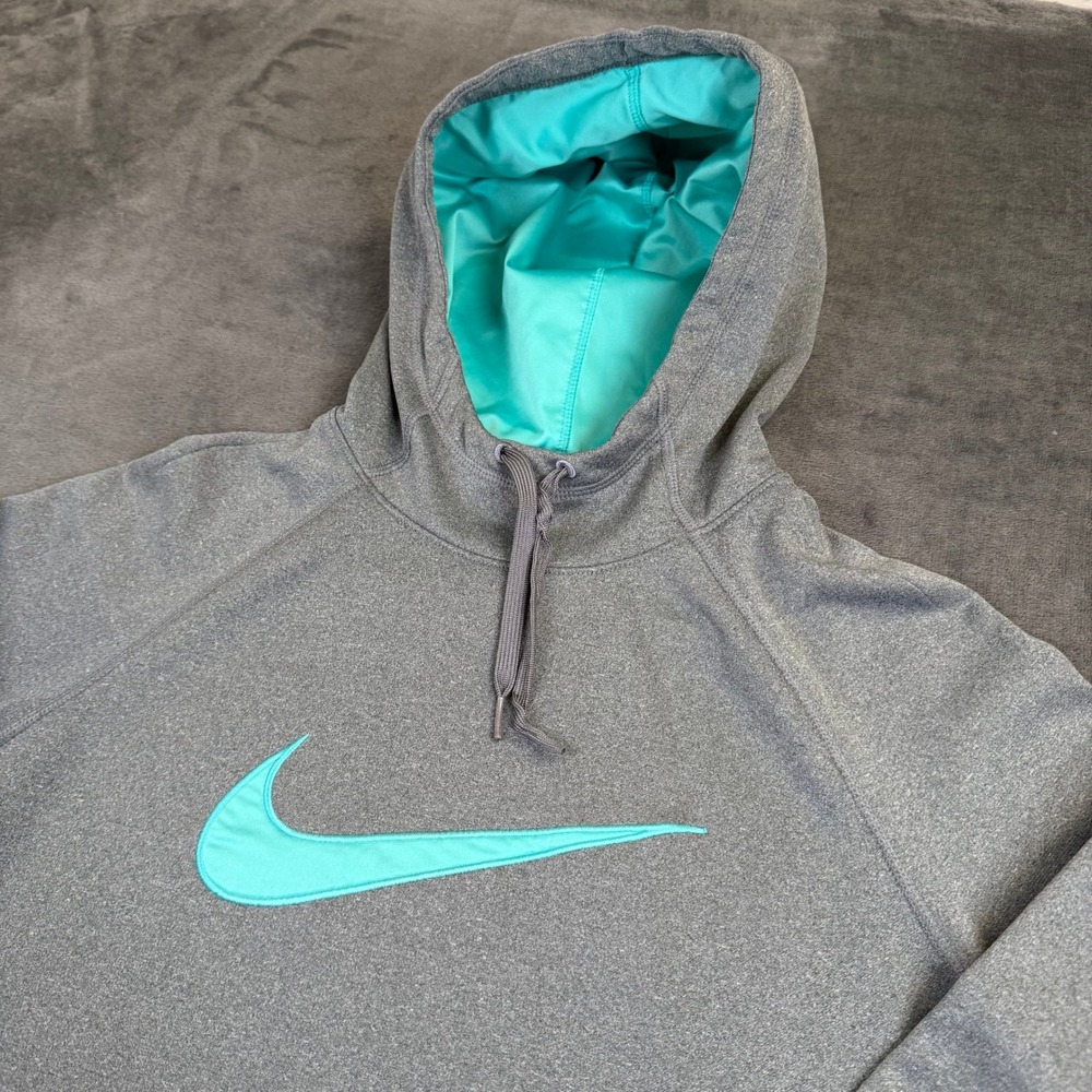 Nike Dri Fit‎ Hoodie Womens Small Gray Teal Swoosh Thumbhole Pullover Sweatshirt